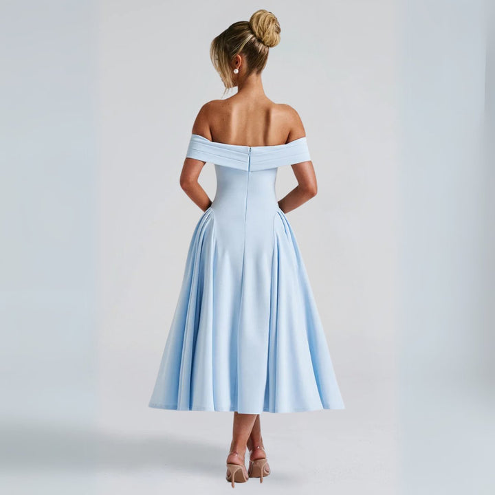 Women's Off-Shoulder A-Line Fall Midi Dress Pleated Skirt