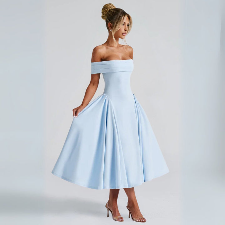 Women's Off-Shoulder A-Line Fall Midi Dress Pleated Skirt