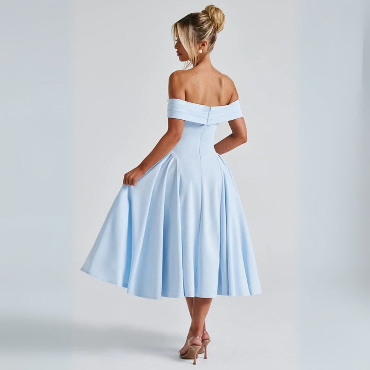Women's Off-Shoulder A-Line Fall Midi Dress Pleated Skirt