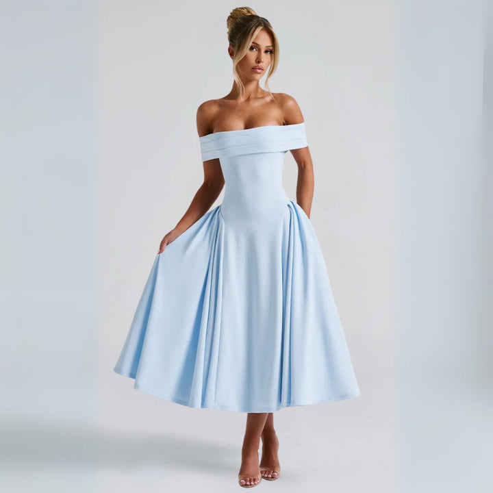 Women's Off-Shoulder A-Line Fall Midi Dress Pleated Skirt