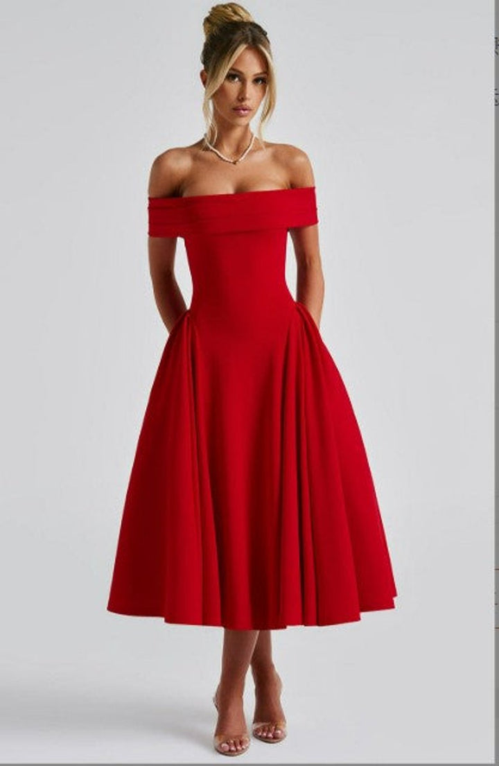 Women's Off-Shoulder A-Line Fall Midi Dress Pleated Skirt