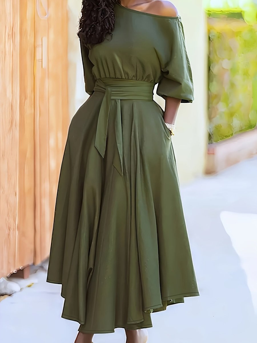 Women's Off-Shoulder Belted Asymmetric-Hem Fall Midi Dress