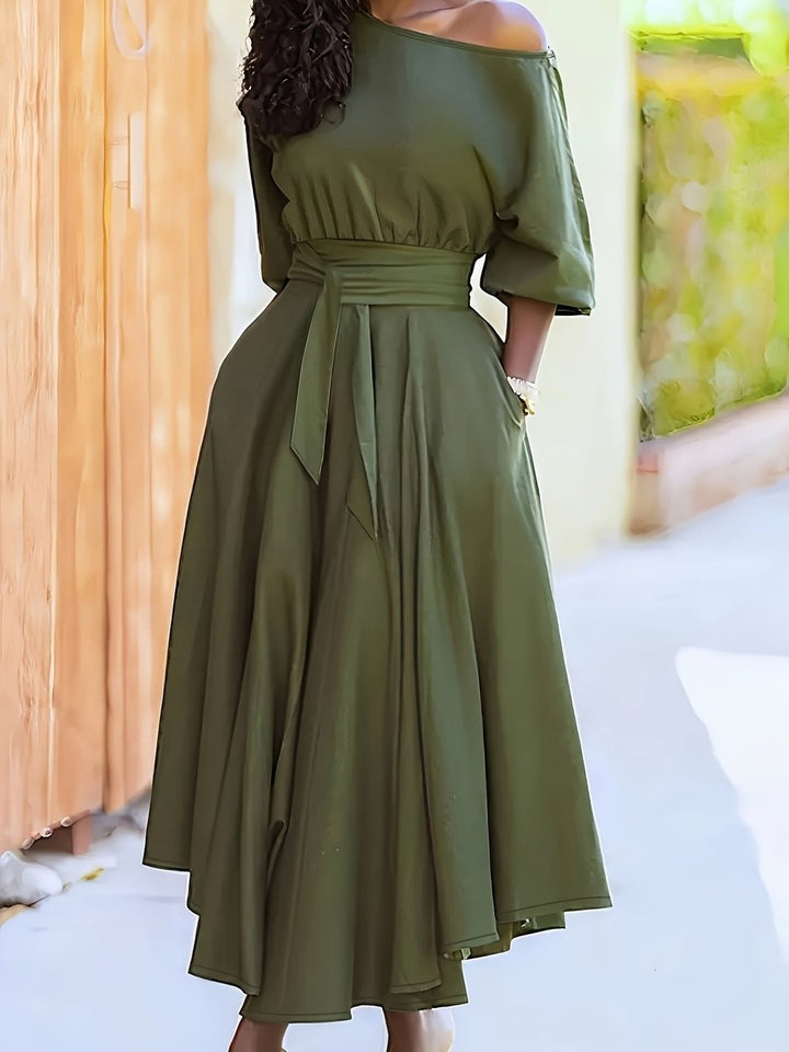 Women's Off-Shoulder Belted Asymmetric-Hem Fall Midi Dress