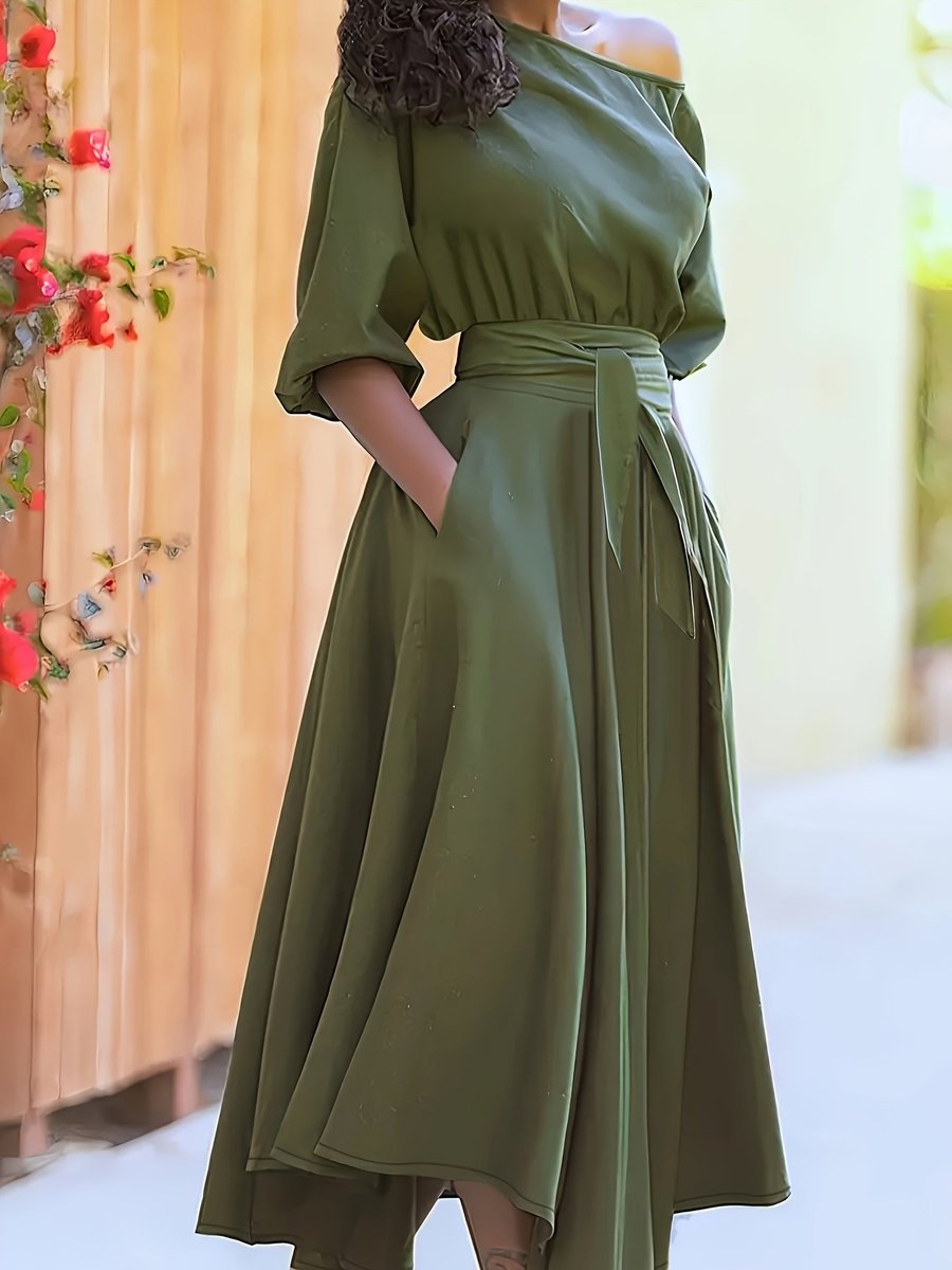 Women's Off-Shoulder Belted Asymmetric-Hem Fall Midi Dress