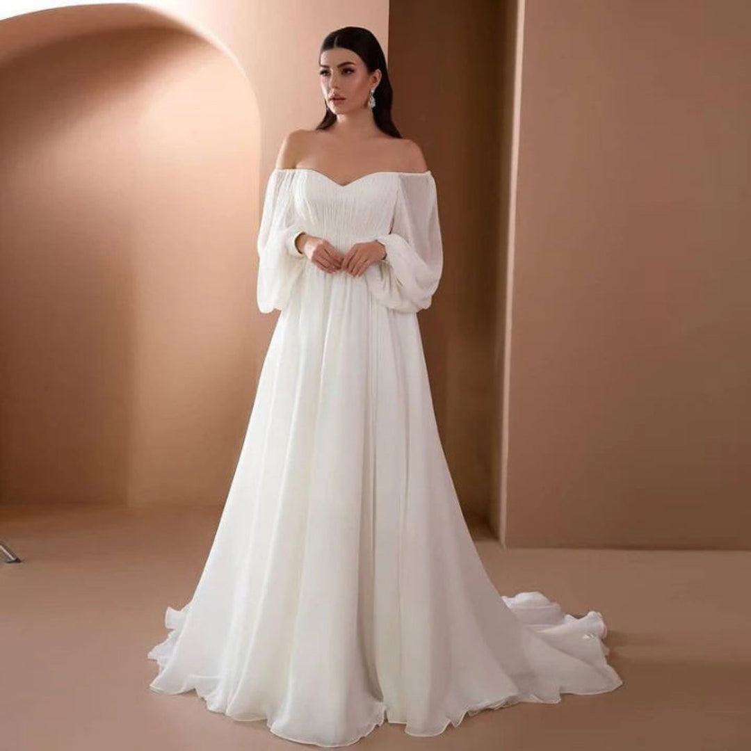 Women's Off-Shoulder Chiffon Long Sleeve Fall Dress Bridal Gown - White