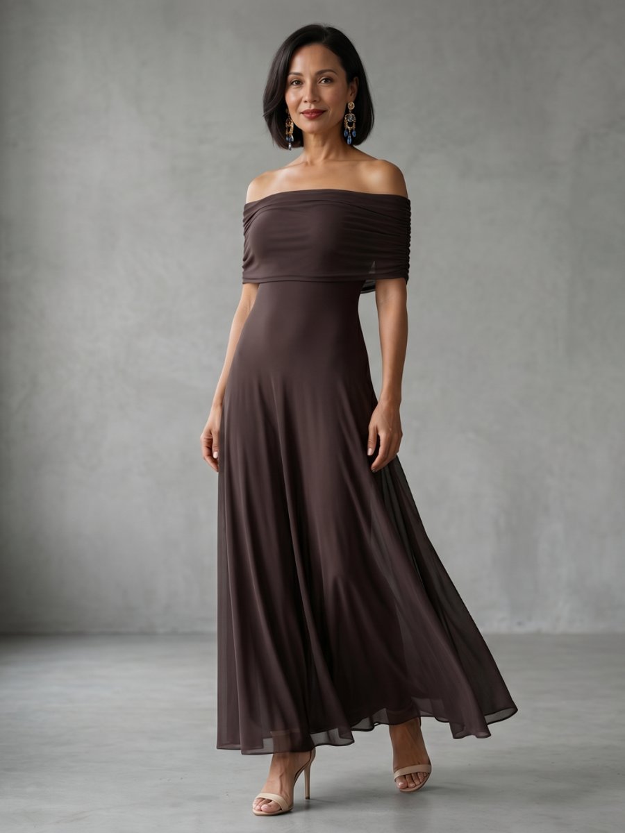 Women's Off-Shoulder Draped Midi Formal Dress Flowy A-Line