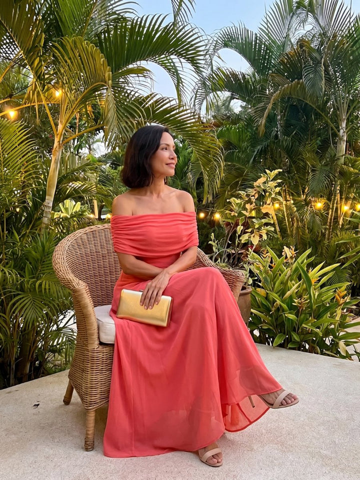 Women's Off-Shoulder Draped Midi Formal Dress Flowy A-Line