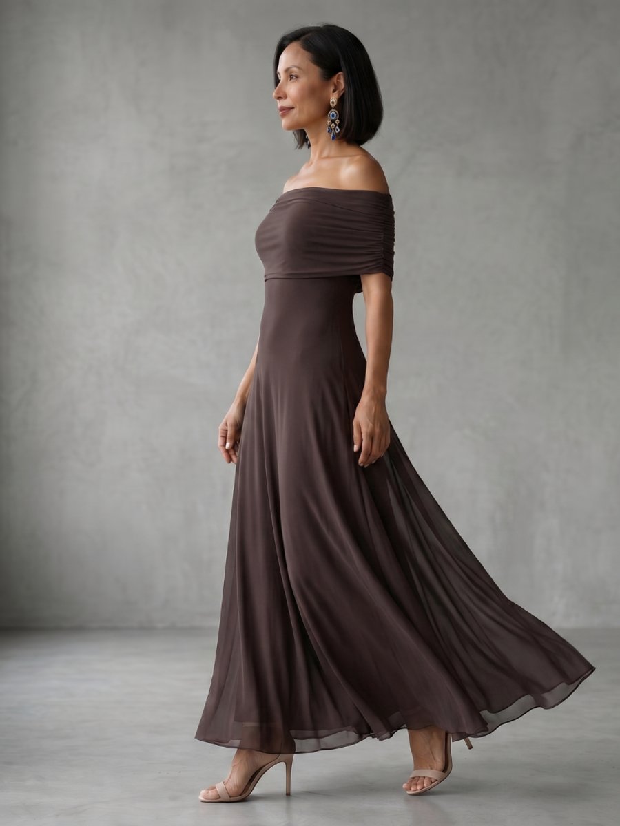 Women's Off-Shoulder Draped Midi Formal Dress Flowy A-Line
