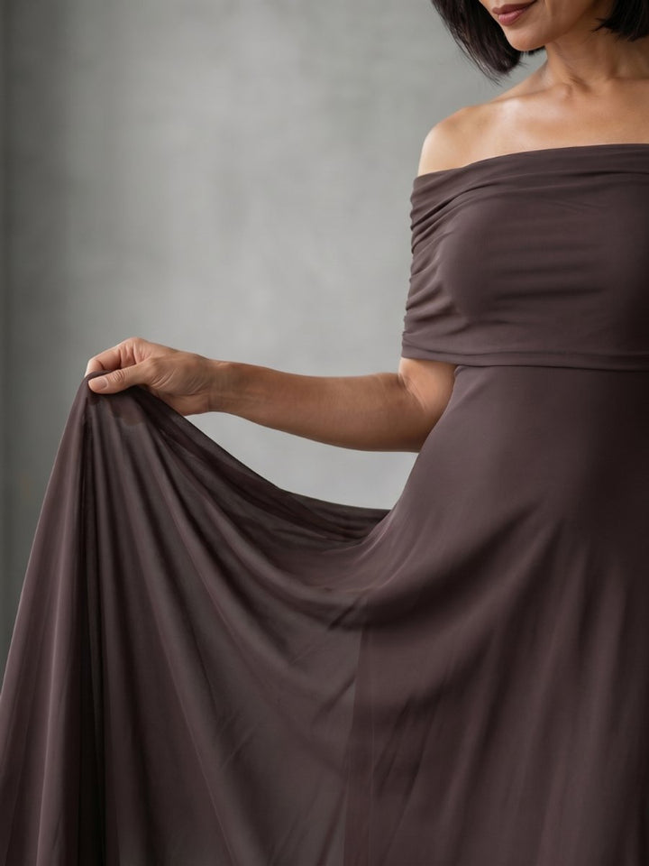 Women's Off-Shoulder Draped Midi Formal Dress Flowy A-Line