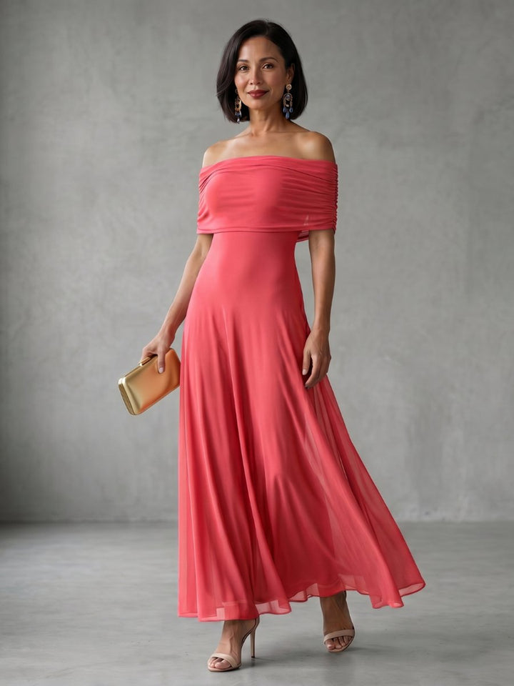 Women's Off-Shoulder Draped Midi Formal Dress Flowy A-Line