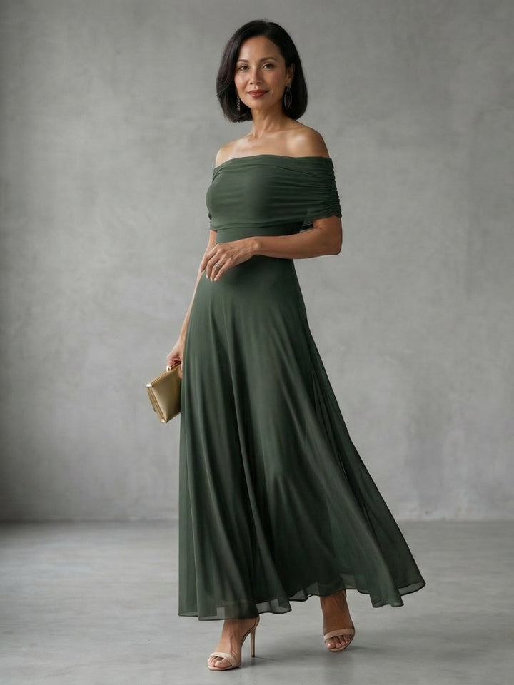 Women's Off-Shoulder Draped Midi Formal Dress Flowy A-Line