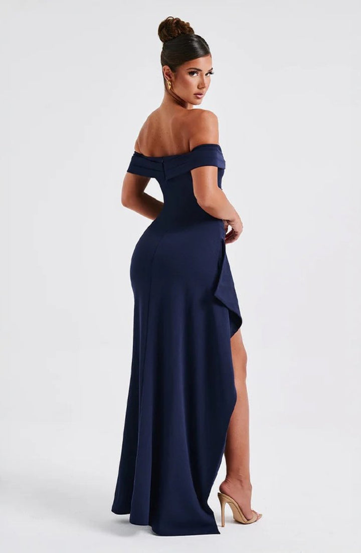 Women's Off-Shoulder Fitted Fall Wedding Guest Dress Slit Maxi Gown