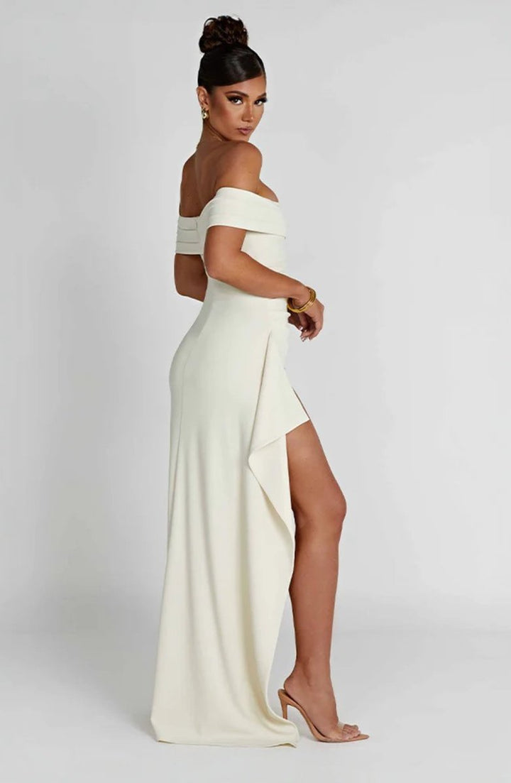 Women's Off-Shoulder Fitted Fall Wedding Guest Dress Slit Maxi Gown