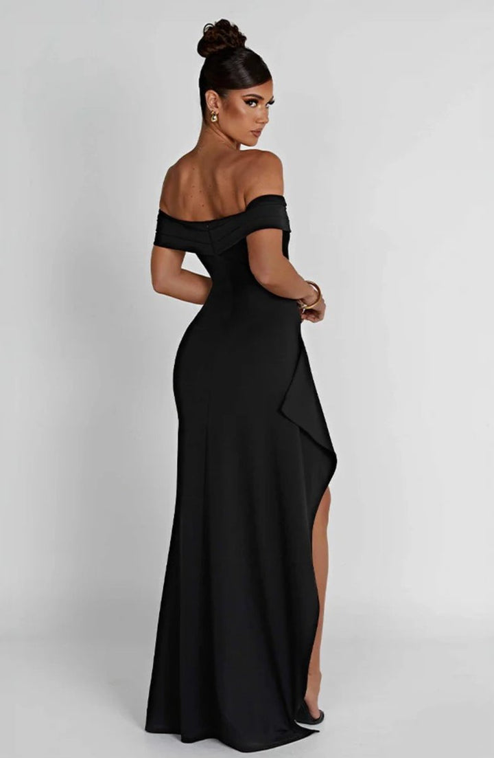Women's Off-Shoulder Fitted Fall Wedding Guest Dress Slit Maxi Gown