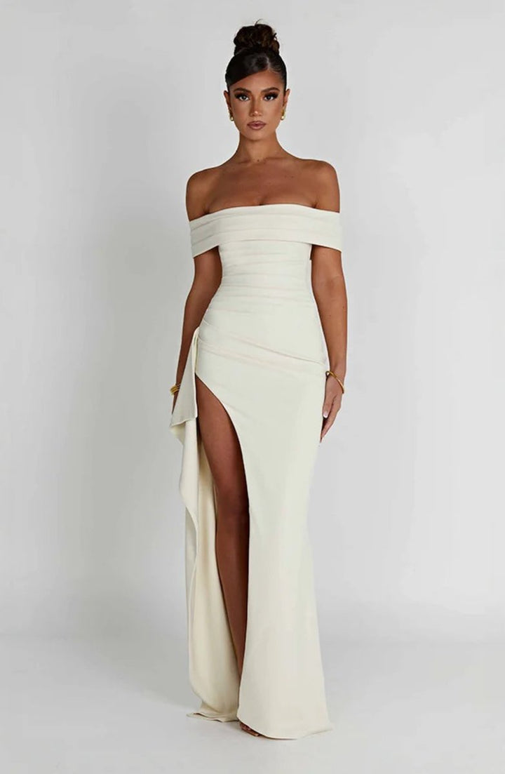 Women's Off-Shoulder Fitted Fall Wedding Guest Dress Slit Maxi Gown