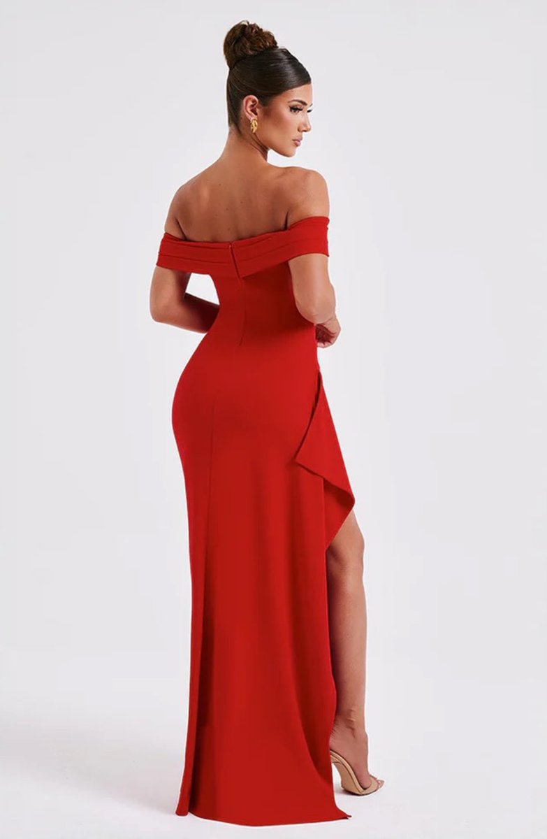 Women's Off-Shoulder Fitted Fall Wedding Guest Dress Slit Maxi Gown