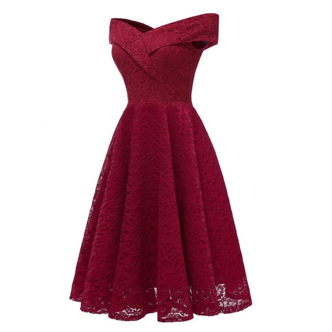Women's Off-Shoulder Lace A-Line Fall Midi Dress
