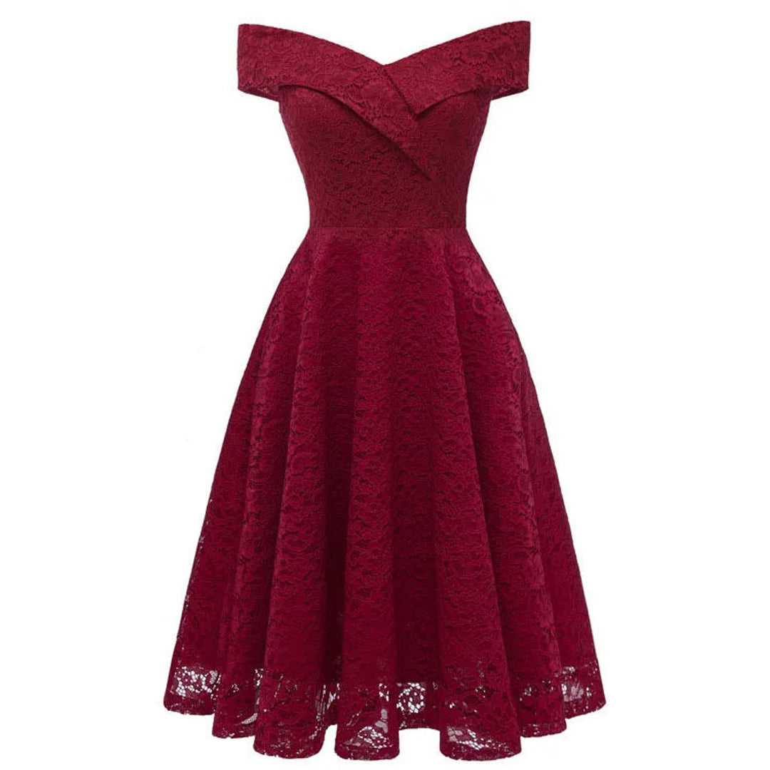 Women's Off-Shoulder Lace A-Line Fall Midi Dress