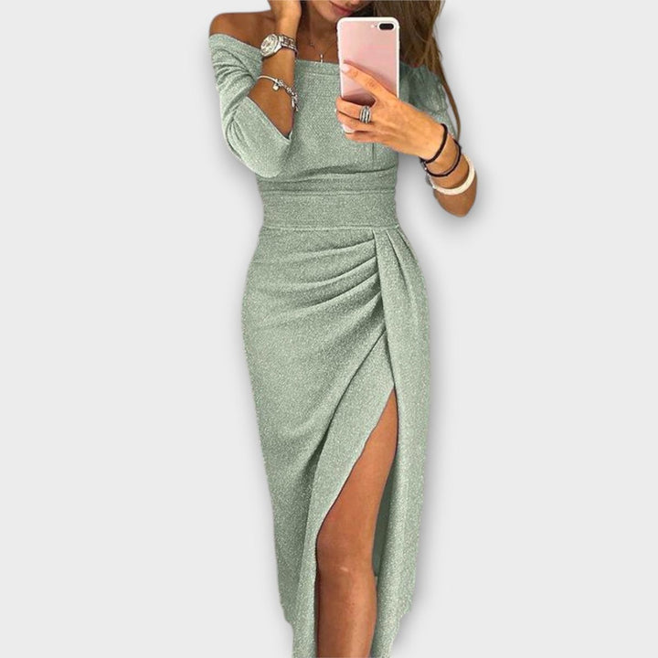 Women's Off-Shoulder Long-Sleeve Ruched Bodycon Formal Dress