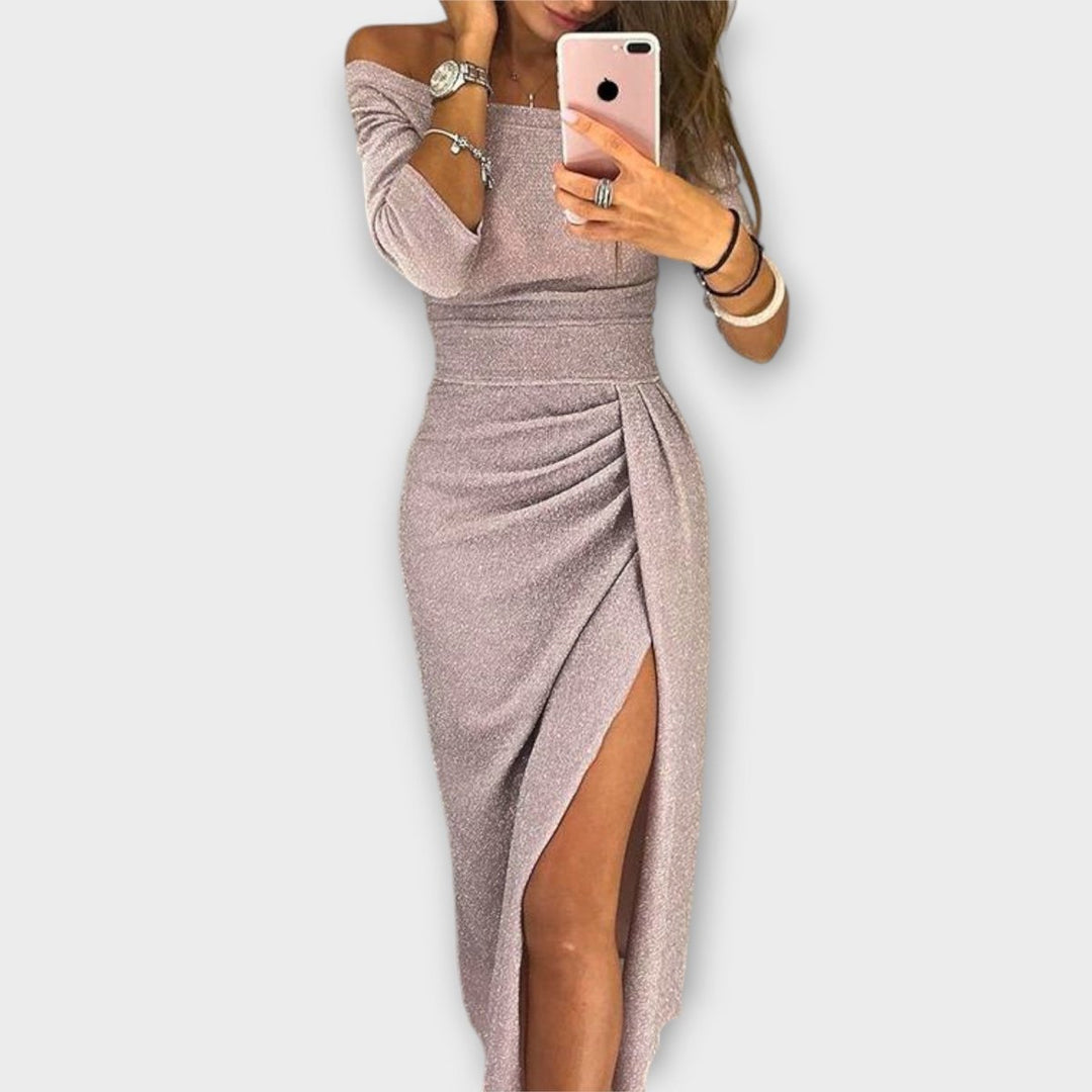 Women's Off-Shoulder Long-Sleeve Ruched Bodycon Formal Dress
