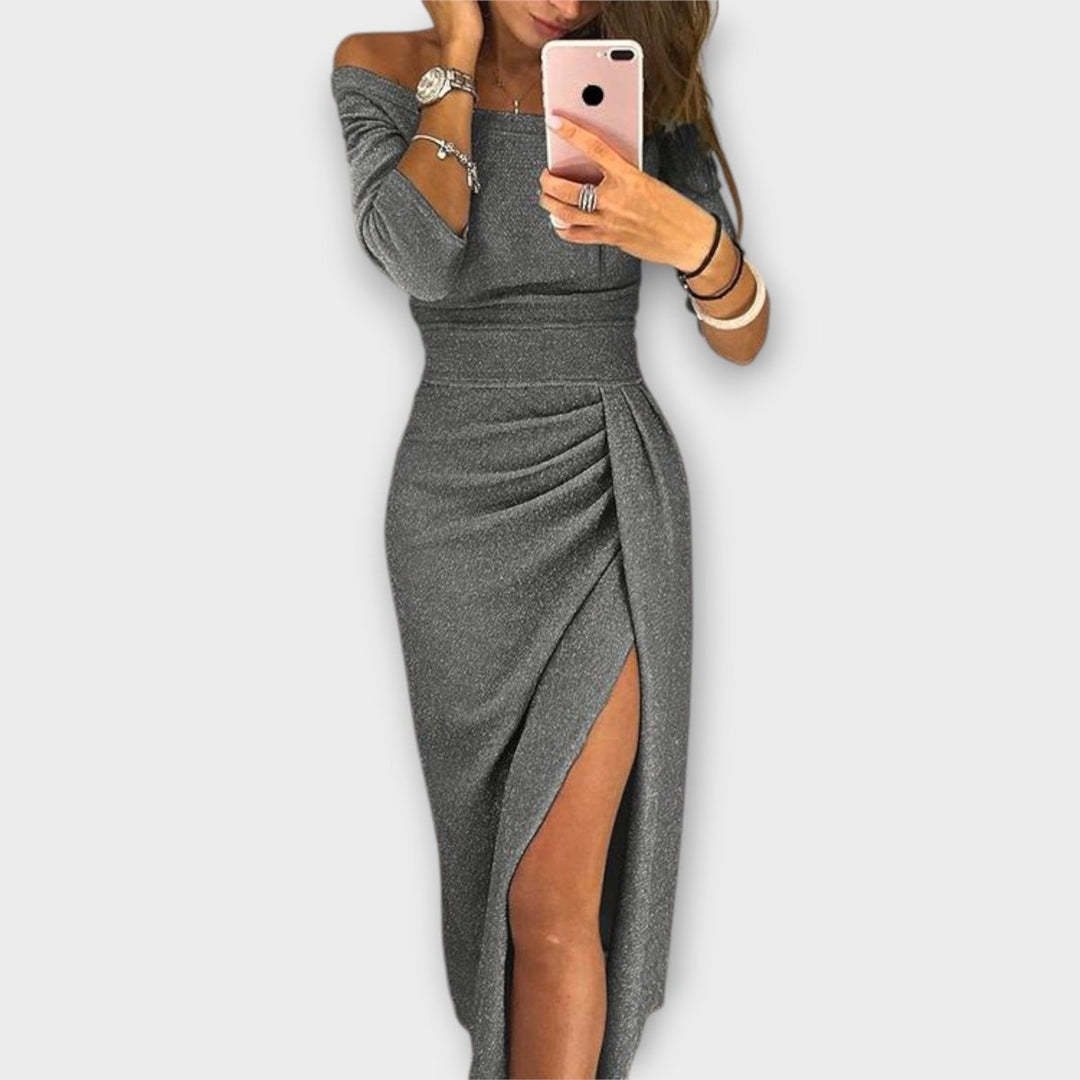 Women's Off-Shoulder Long-Sleeve Ruched Bodycon Formal Dress