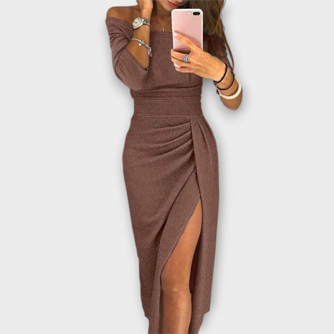 Women's Off-Shoulder Long-Sleeve Ruched Bodycon Formal Dress