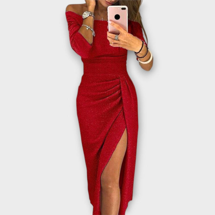 Women's Off-Shoulder Long-Sleeve Ruched Bodycon Formal Dress