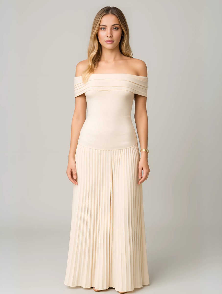 Women's Off-Shoulder Pleated Maxi Fall Wedding Guest Dress