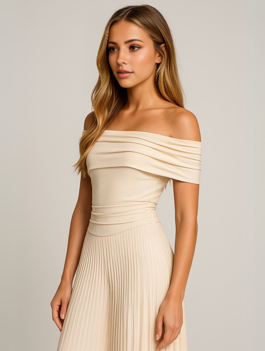 Women's Off-Shoulder Pleated Maxi Fall Wedding Guest Dress
