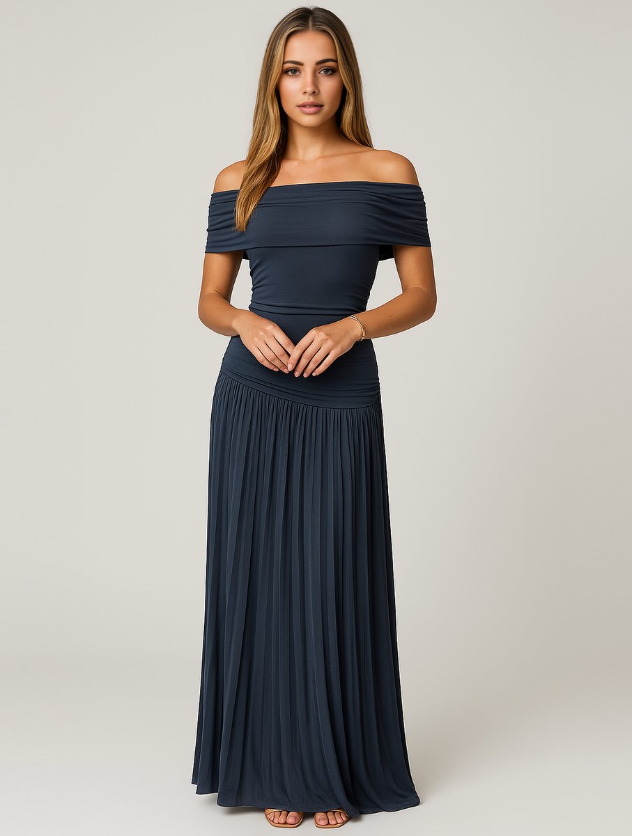 Women's Off-Shoulder Pleated Maxi Fall Wedding Guest Dress