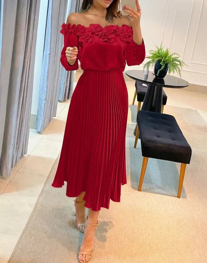 Women's Off-Shoulder Pleated Midi Formal Dress Floral Trim