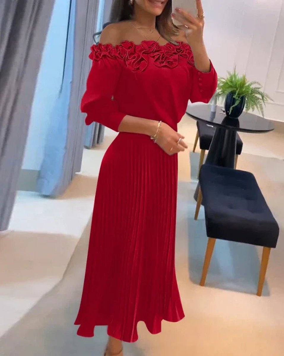 Women's Off-Shoulder Pleated Midi Formal Dress Floral Trim