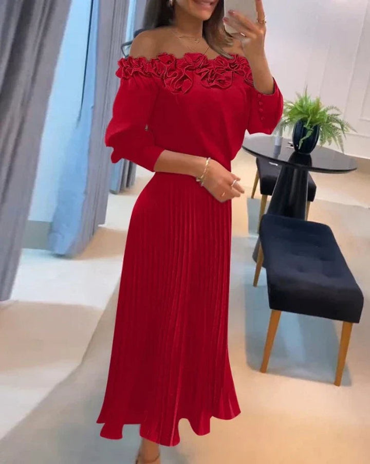 Women's Off-Shoulder Pleated Midi Formal Dress Floral Trim