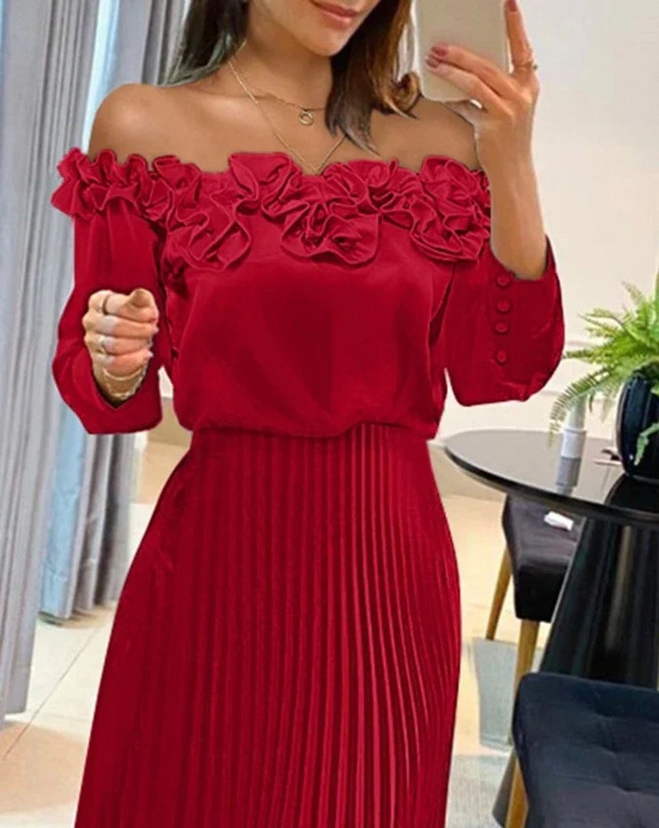 Women's Off-Shoulder Pleated Midi Formal Dress Floral Trim