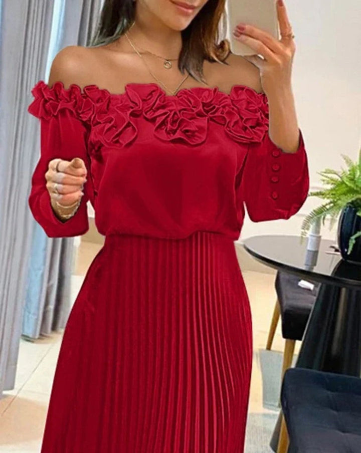 Women's Off-Shoulder Pleated Midi Formal Dress Floral Trim
