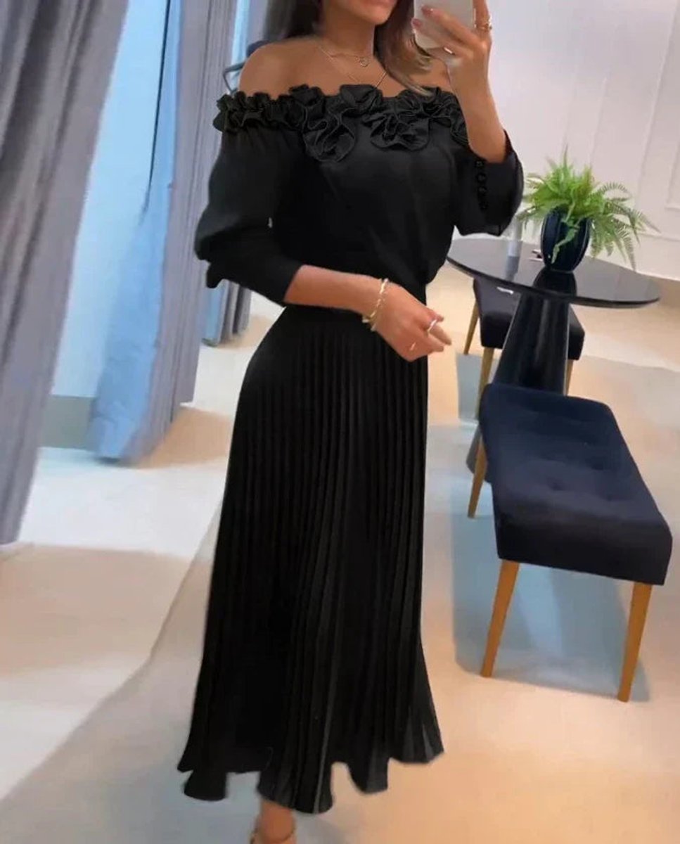 Women's Off-Shoulder Pleated Midi Formal Dress Floral Trim