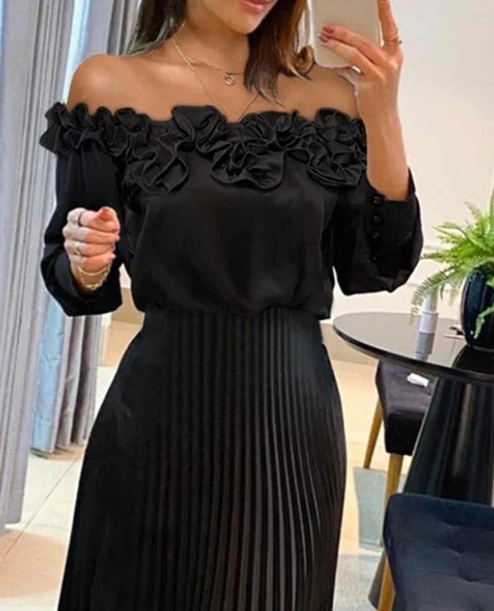 Women's Off-Shoulder Pleated Midi Formal Dress Floral Trim