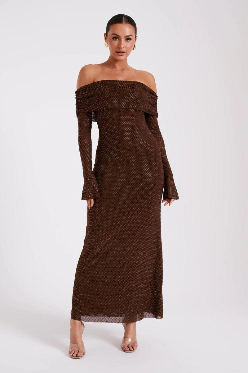 Women's Off-Shoulder Rhinestone Bodycon Formal Dress Maxi Gown