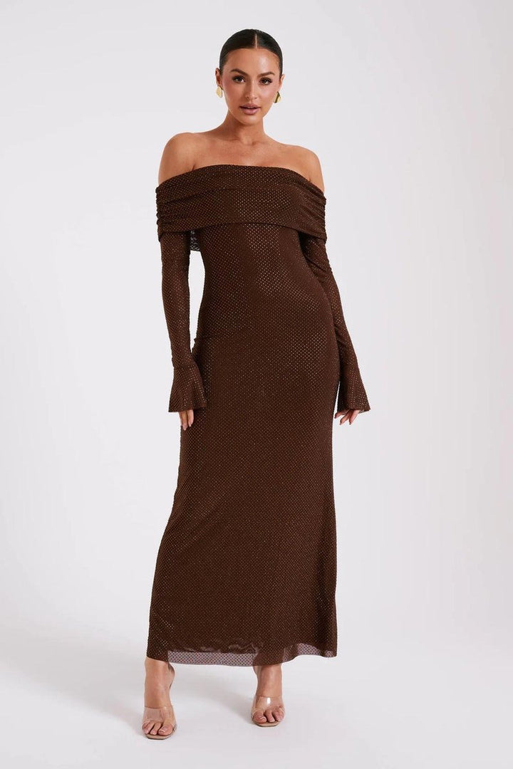 Women's Off-Shoulder Rhinestone Bodycon Formal Dress Maxi Gown