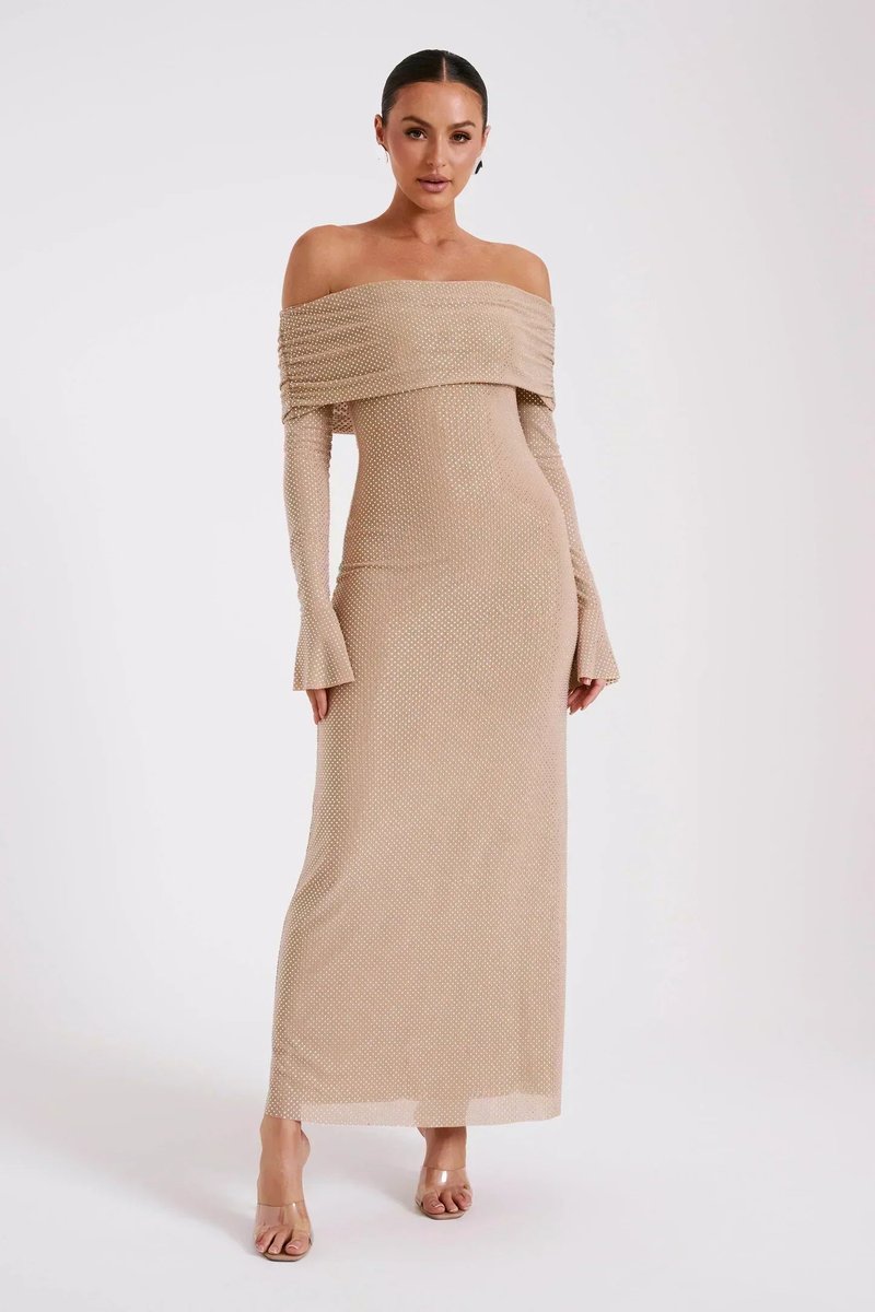 Women's Off-Shoulder Rhinestone Bodycon Formal Dress Maxi Gown
