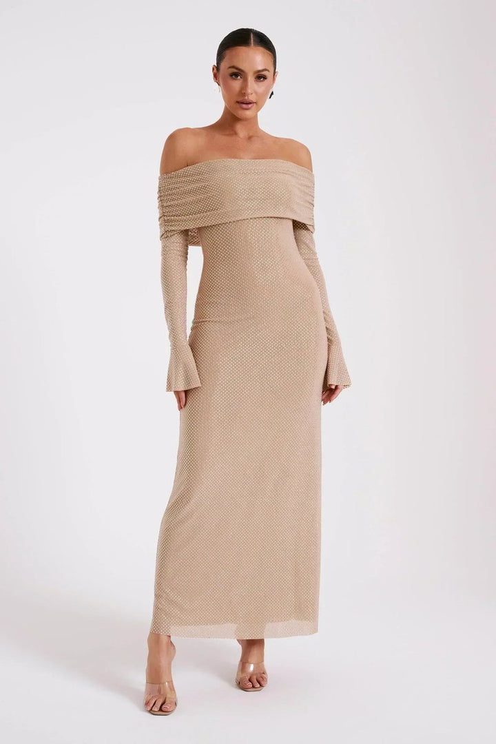Women's Off-Shoulder Rhinestone Bodycon Formal Dress Maxi Gown