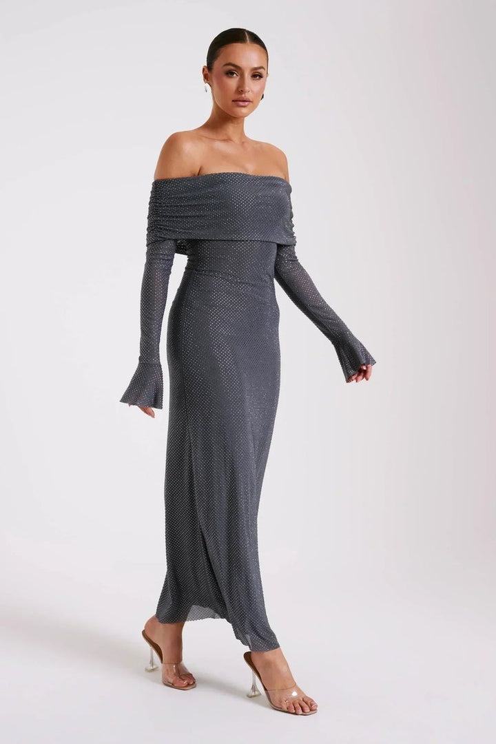Women's Off-Shoulder Rhinestone Bodycon Formal Dress Maxi Gown