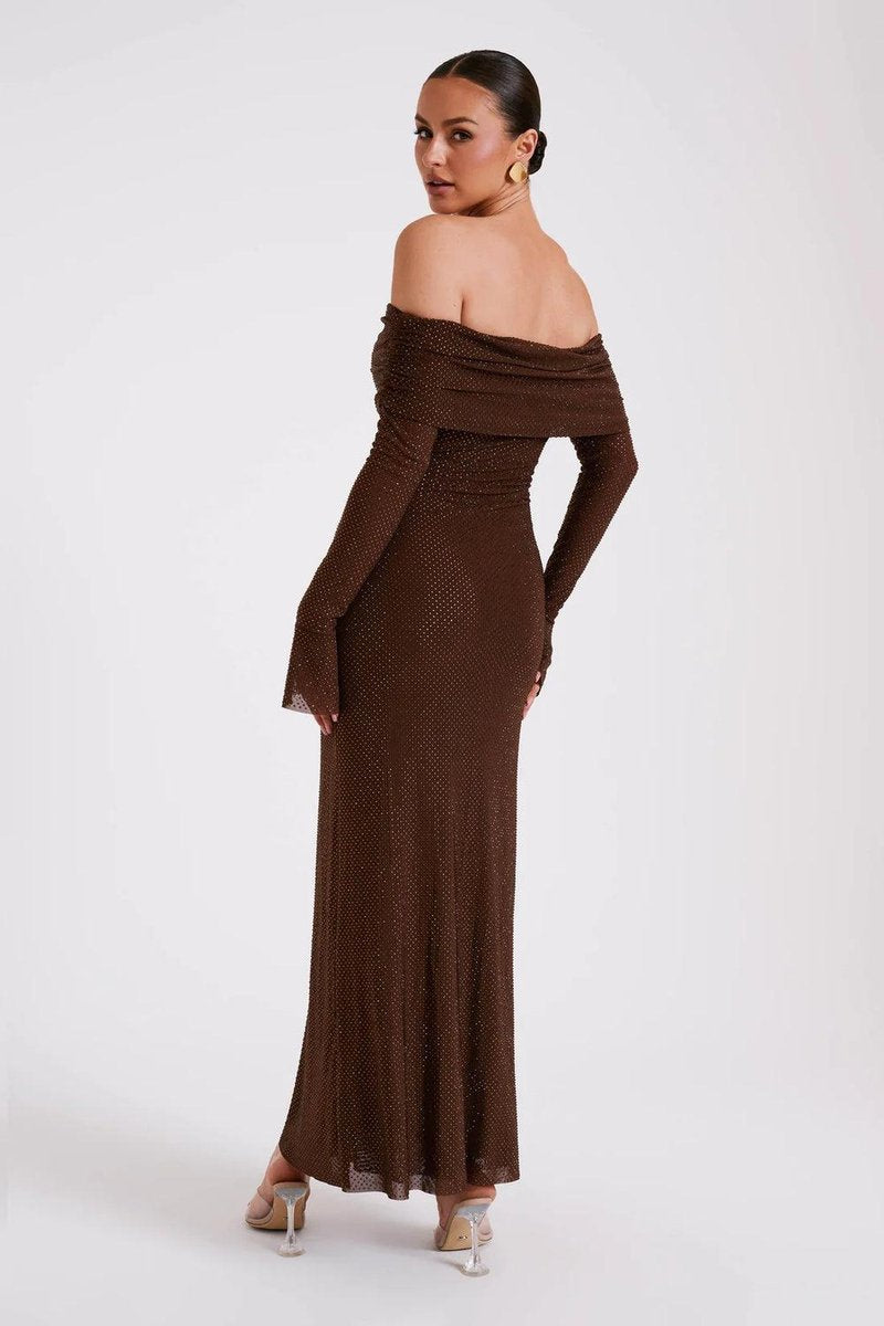 Women's Off-Shoulder Rhinestone Bodycon Formal Dress Maxi Gown
