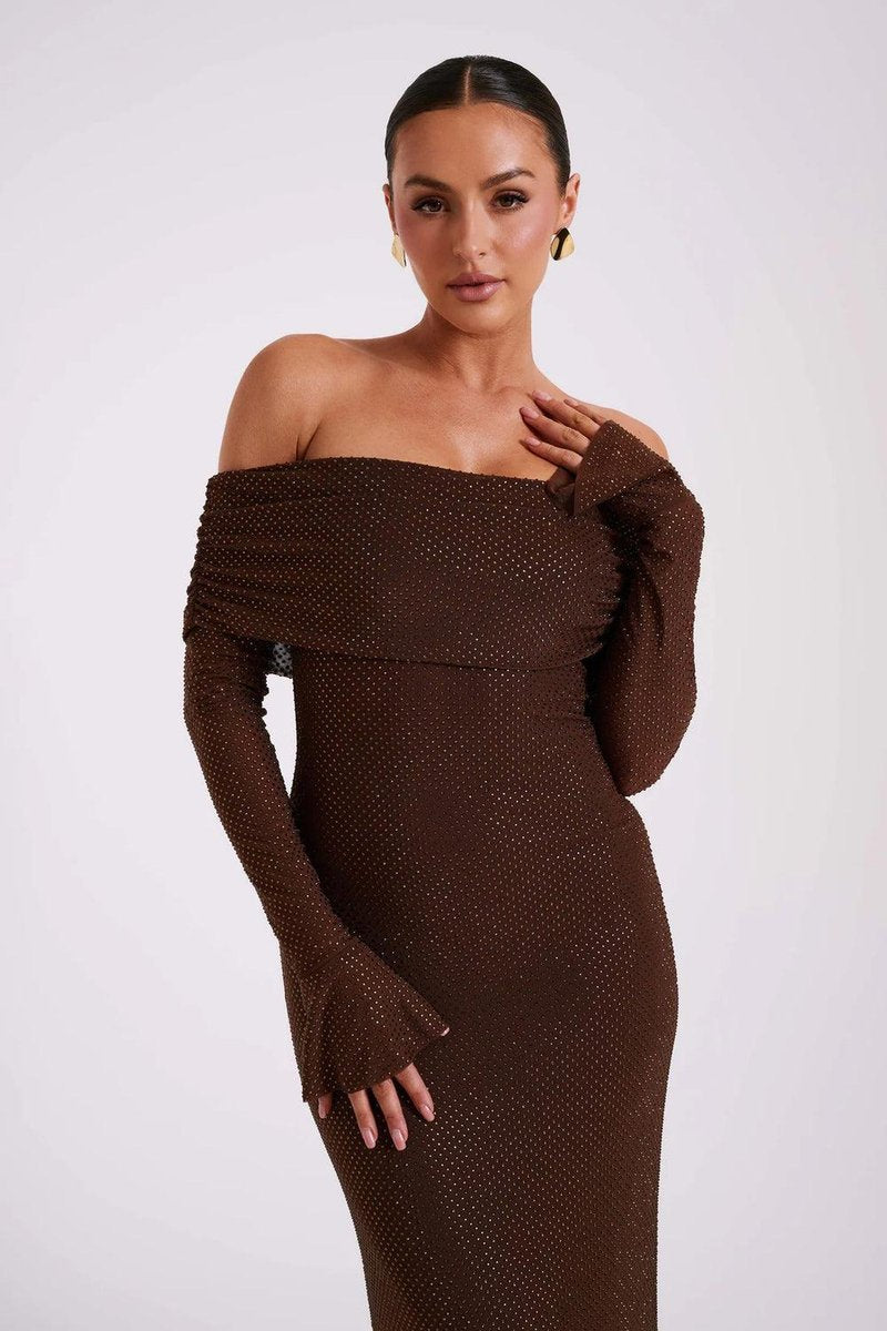 Women's Off-Shoulder Rhinestone Bodycon Formal Dress Maxi Gown