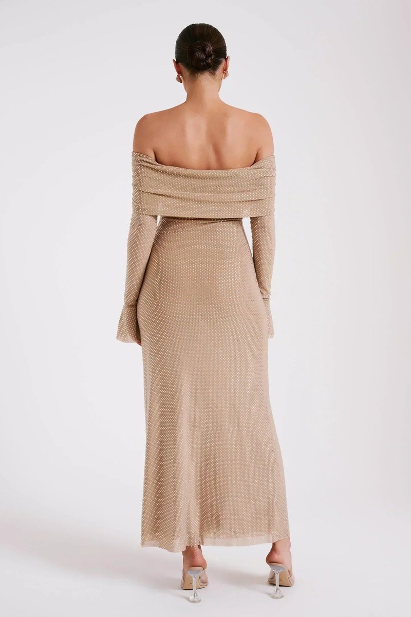 Women's Off-Shoulder Rhinestone Bodycon Formal Dress Maxi Gown