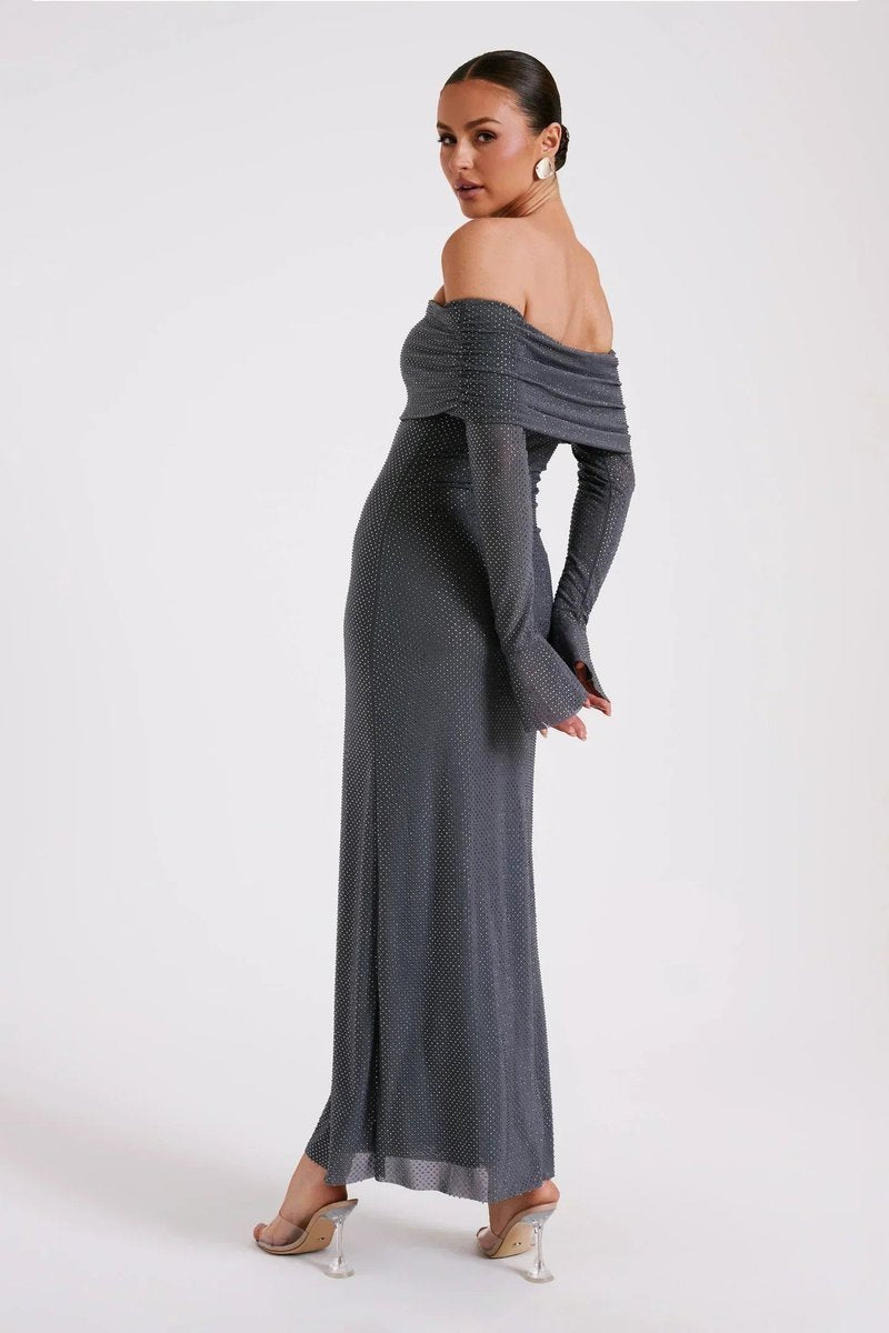 Women's Off-Shoulder Rhinestone Bodycon Formal Dress Maxi Gown