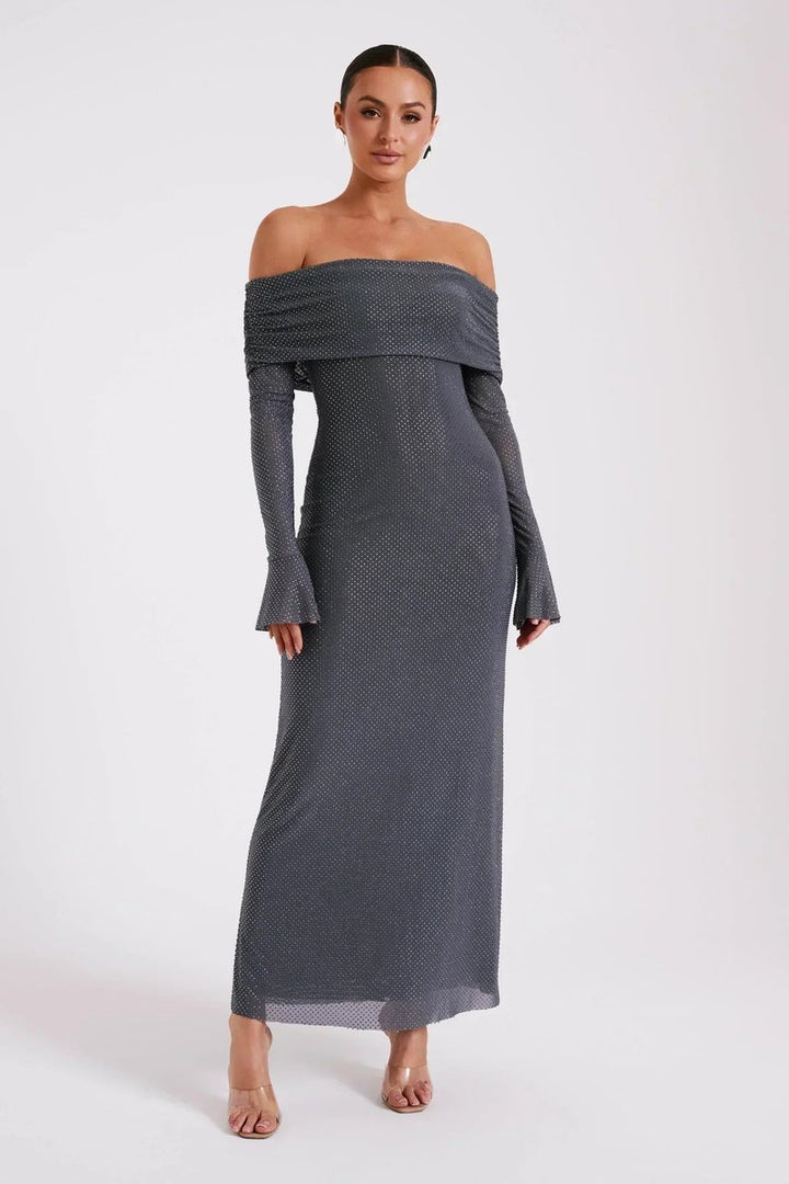 Women's Off-Shoulder Rhinestone Bodycon Formal Dress Maxi Gown