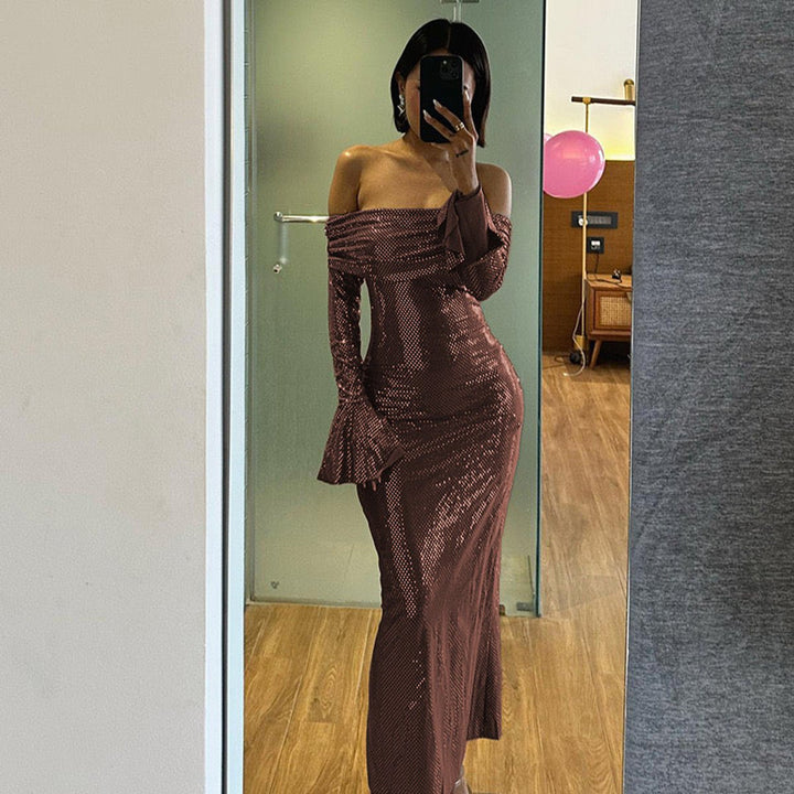Women's Off-Shoulder Rhinestone Bodycon Formal Dress Maxi Gown