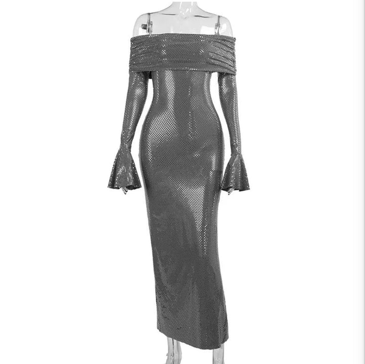 Women's Off-Shoulder Rhinestone Bodycon Formal Dress Maxi Gown