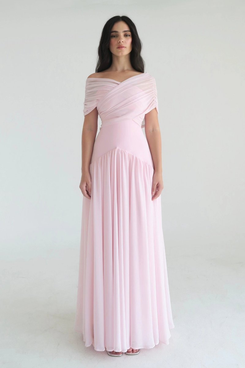 Women's Off-Shoulder Ruched Chiffon Fall Wedding Guest Dress